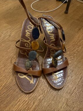Sam Edelman Brown Leather Beaded T-Strap Sandals